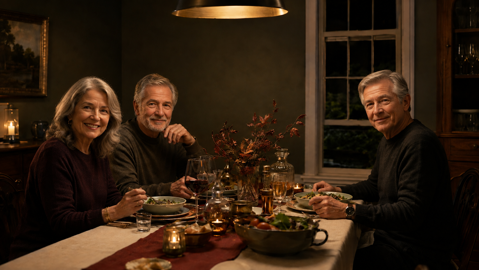 Three longtime clients looking warmly toward the viewer over dinner